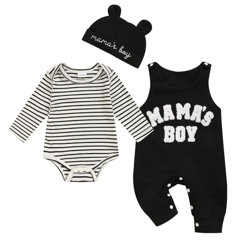 Viworld Newborn Baby Boy Clothes Mama's Boy Overalls Striped Long Sleeve Romper Hat 3Pcs Fall Winter Outfits