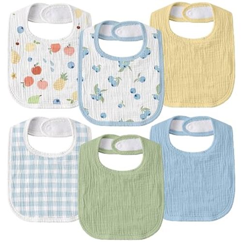 Muslin Bibs for Baby Boy Girl, Adjustable Fit for Drooling and Teething