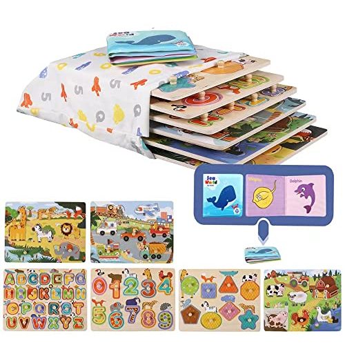 Phoohi 6 Pack Wooden Peg Puzzles for Toddlers 1-3 2-4 Years Toddlers Puzzles Set Alphabet Numbers Animals Vehicles Puzzles Preschool Educational Learning Puzzle Toys