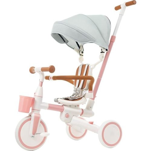 Kids Tricycle with Adjustable Pedals, Removable Canopy Cup Holder Safe, Portable Toddler Bike