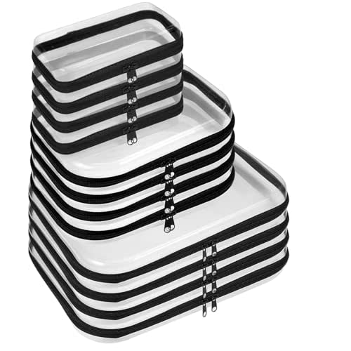 12 Pack Clear Hard Shell Zipper Case Bulk(4 Large 4 Small & 4 Medium), Hard Plastic Makeup Cases Pencil Case Organizer Pouches for Travel (Black)