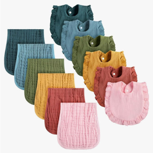 Newcotte 12 Pcs Baby Muslin Bibs and Burp Cloths Set Cotton Absorbent Baby Bibs Burping Cloths for Toddler Unisex Girls Boys Soft Adjustable Drooling for Newborn Teething