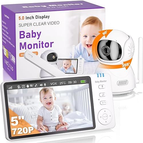 BURNNOVE Baby Monitor with Camera 5'' 720p HD Screen Baby Video Monitor with Two Way Audio 2X 4X Digital Zoom VOX Mode Night Vision Temperature Monitoring 8 Lullabies and 5 Alarms