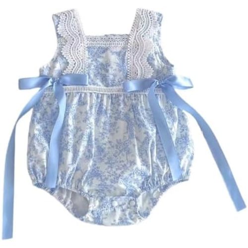 Newborn Baby Girl Blue Floral Lace Romper Vintage Sleeveless Bodysuit Infant Summer Homcoming Baptism Outfit