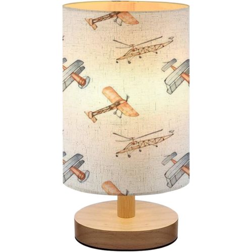 Bedside Lamp for Bedroom, Retro Planes Watercolor Seamless Pattern Small Lamp, Linen Lampshade Table Lamp, Dimmable Nightstand Lamp with Woodbase for Living Room Office