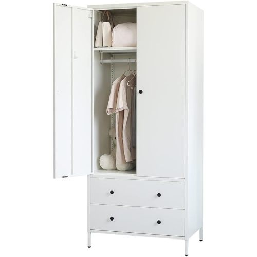 BESFUR Wardrobe Closet, Metal Armoires and Wardrobes with Two Drawers, Adjustable Hanging Rod, 20" D*31.5" W*74" H - White