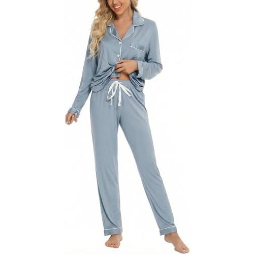 Leikar Button Down Pajamas for Women Soft Viscose Sleepwear Long Sleeve Pjs Set Maternity Nursing Postpartum Loungewear