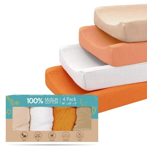 100% Muslin Changing Pad Cover Ultra Soft 120GSM Baby Changing Pad Covers for Girls and Boys - Easy wash Diaper Changing pad Cover with Low Shrinkage (4 Pack - White/Beige/Caremal/Retroyellow)