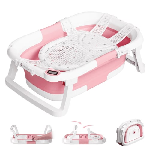 Tumajup Collapsible Baby Bathtub with Soft Bath Cushion&Thermometer Gray