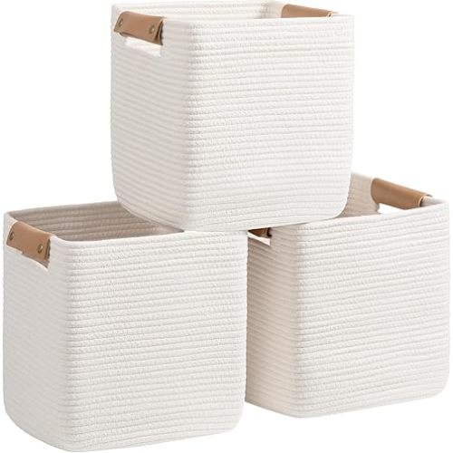 danpinera Set of 3 11 Inch Storage Baskets, Cube Storage Bins, White Woven Baskets with Stable Leather Handles, Square Cotton Rope Bins for any Room, Easy to Recover