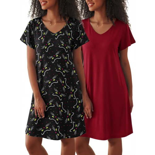 Avidlove 2 Pack Women Nightgown Sleepwear Flare Short Sleeve Sleepshirts V Neck Sleepdress Causal Pajama Dress S-XXL