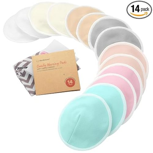 Organic Nursing Pads - 14 Washable Breast Pads for Breastfeeding, Wash Bag, Viscose Derived from Bamboo Reusable Nipple Covers for Breastfeeding Essentials, Soft & Absorbent (Pastel Touch, L 5")