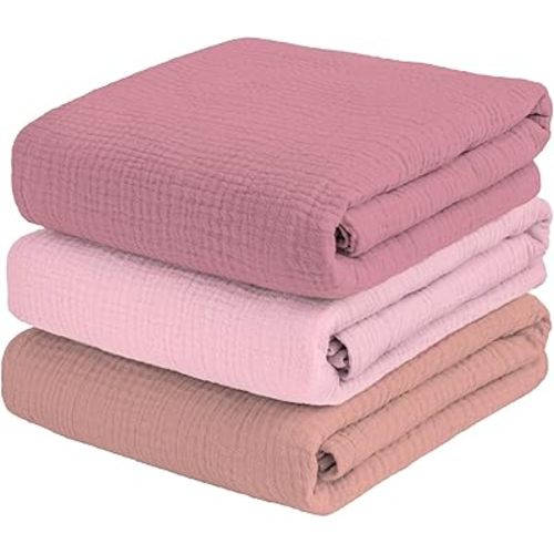 Muslin Swaddle Blankets for Baby Girl - 3 Pack 47x47 Inch Large Receiving Blankets, Soft Breathable Cotton Nursery Swaddles for Newborn, Infant & Todler, Pink