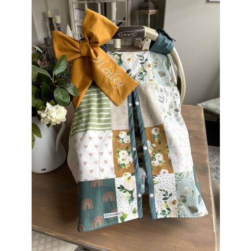New print -Baby Car Seat Cover in Boho Floral Mustard Green Blue Beige Tan - All Cotton or Minky - Jumbo Bow Incl - Baby Girl - Shower Gift