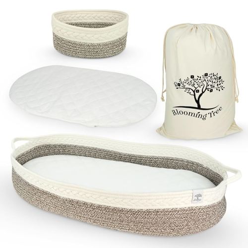 Baby Changing Basket – Boho Baby Basket for Dresser – Woven Diaper Changing Basket – 2 Water Resistant Pad Covers - Boho Nursery Decor - 100% Cotton Rope - Moses Basket - Portable Changing Station.