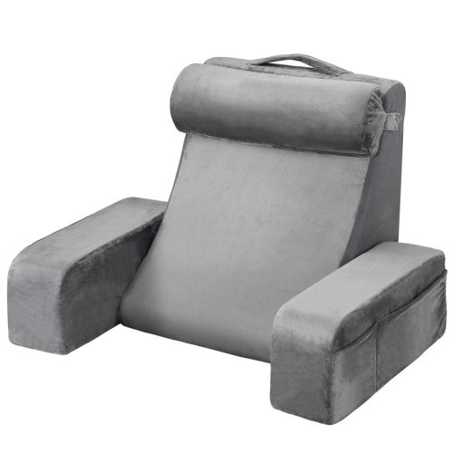 Latitude Run® Reading Pillow, Backrest Support Pillow with Arm and 3 Pockets, Large Size Bed Pillow with Removable Headrest & 25D Sponge, Handle for Easy Carrying, for Reading, Gaming, Resting, Working, Grey | Wayfair