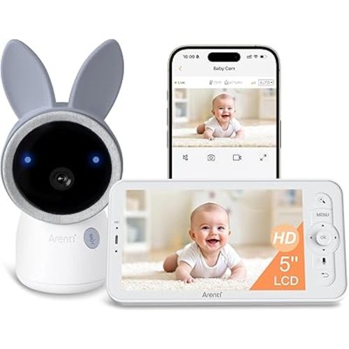 ARENTI 4MP Smart Baby Monitor with Camera and Audio, 5’’ WiFi/No-WiFi 2.4G&5G Split Screen with Night Light, Smoothing Lullabies, Cry&Motion Detection, Temp&Humidity Senor, Free APP with Motion Video