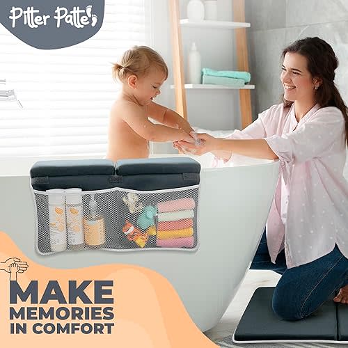Pitter Patte Baby Bath Kneeler and Elbow Rest Pad Set Made of Neoprene & Foam - Non Slip Cushioned Bath Kneeling Pad for Bathing Baby with XL Compartments for Bath Toy Storage for Tub