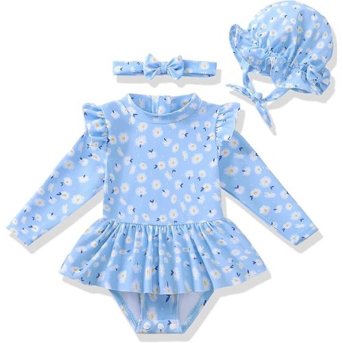 Renotemy Infant Baby Girls Swimsuit Toddler Bathing Suit Long Sleeve Zipper One-Piece Rash Guard Ruffle Swimwear with Hat