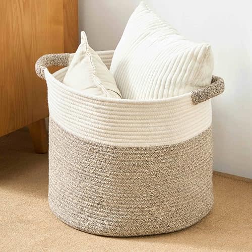 Blanket Basket - Woven Round Rope Storage Basket (16"Wx14"H) for Blankets & Throws, Small Laundry & Toy Organizer, Decorative Living Room & Bedroom Cotton Basket - White & Brown