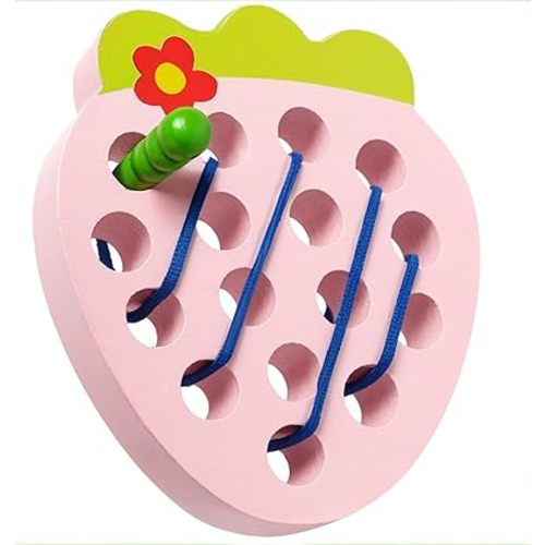 Wooden Lacing Toys for Toddlers, Baby Toys Strawberry Threading Learning Fine Motor Skills,Montessori Sensory Educational Wooden Block Puzzle Travel Gift for 3 Years Old Baby Boys Girls
