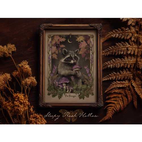 Racoon Tarot Card | Witchy Printable Art, Mystical Woodland Wall Decor, Whimsical Dark Cottagecore Print, Celestial Aesthetic Room Decor