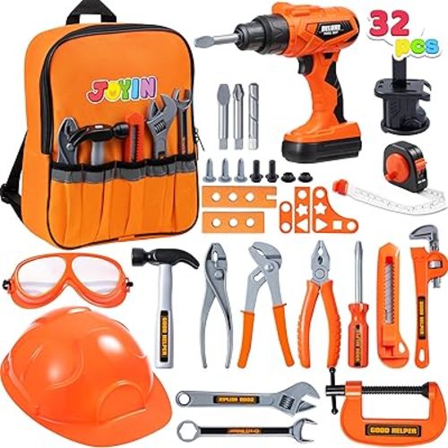 JOYIN 32PCS Kids Tool Set, Toddler Tool Toys with Construction Backpack Costume & Electronic Toy Drill for Boy Girl Easter Basket Stuffers Birthday Gift for Toddler Boys Age 3 4 5 6