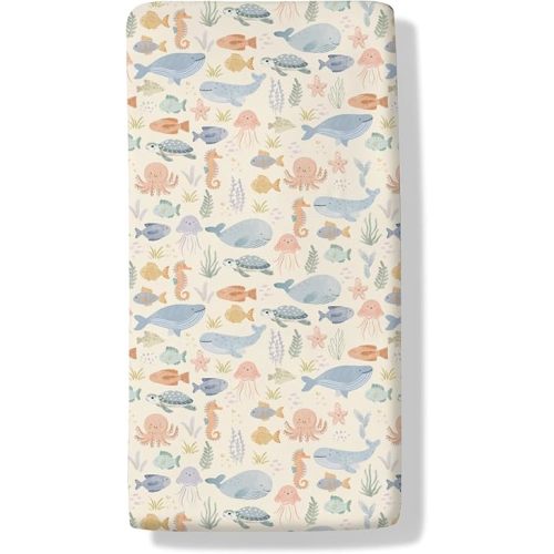 Watercolor Sea Animals Baby Boys Girls Crib Sheets Coastal Whale Shark Turtle Seahorse Crib Sheet Marine Ocean Animals Fitted Crib Mattress Cover for Standard Crib Toddler Mattresses 52"x28"