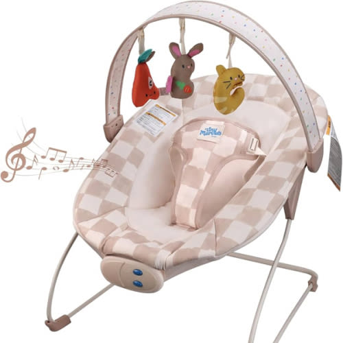 Baby Bouncer – Baby Bouncer seat, Infants Bouncy Seat with Music & Sensory Toys, Compact & Machine Washable Seat Pad Indoor Infant Seat, Ideal for Newborns 0-6 Months, Max Weight 20lbs (Sand Checker)