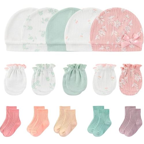 Newborn Baby Boy Girl Caps Mittens Socks Set Cotton Baby Essentials Accessories (Hats+Gloves+Socks)