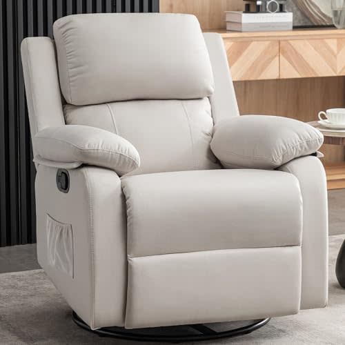Korser Recliner Chair, 360 Swivel Rocker Chair for Adults, Small Rocking Recliner Chair for Small Spaces, Upholstered Fabric Glider Recliner Nursery Chair with Side Pockets for Living Room, White
