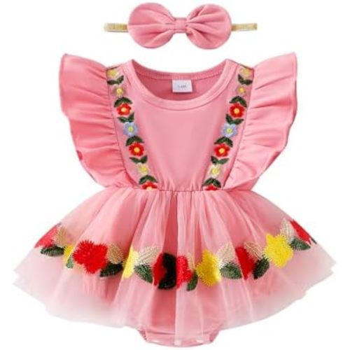Hnyenmcko Newborn Baby Girl Summer Romper Dress Infant Fly Sleeve Flower Embroidery Mesh Tulle Skirt Hem Ribbed Bodysuit