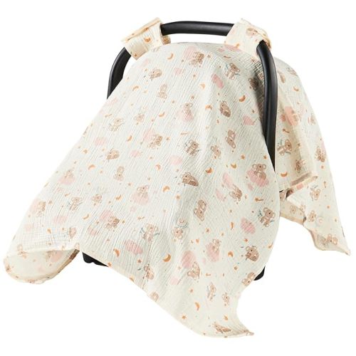 100% Muslin Cotton Car Seat Cover for Baby, Breathable Soft Car Canopy & Sunshade, Universal Infant Carseat Cover, Lightweight Summer Stroller Cover for Boys Girls - Koala