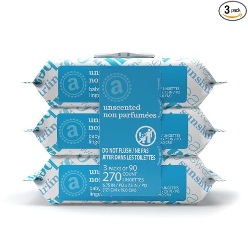 Amazon Elements Baby Wipes, Unscented, Hypoallergenic, Alcohol-Free, With Aloe and Vitamin E, 270 Count, Flip-Top Packs