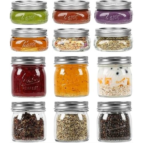 Mason Jars, 8 OZ, 12 Pack with Lids and Bands, Glass Canning Jars for Canning, Pickling, Preserving, Jam, Honey, Wedding Favors, Shower Favors (12 Pack) (Combo)