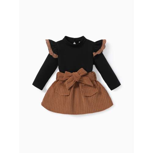 2PCS Baby Girl Solid Color Long Sleeve Lace Top/Belt Dress Set Brown