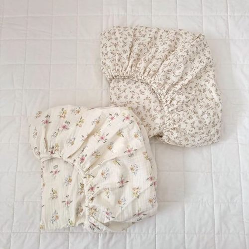BuLuTu Muslin Pack N Play Mattress Sheets 38"x26", 2 Pack Mini Crib Fitted Sheets for Girls Boys, 100% Cotton Soft Breathable Baby Mattress Sheet 360° Mattress Wrapping, Camellia & Azalea