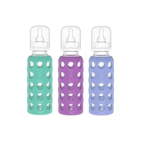Lifefactory Glass Baby Bottles with Silicone Protection - 3-PACK, 9 Ounce Bottles, (1- Kale, 1- Grape & 1- Blueberry)