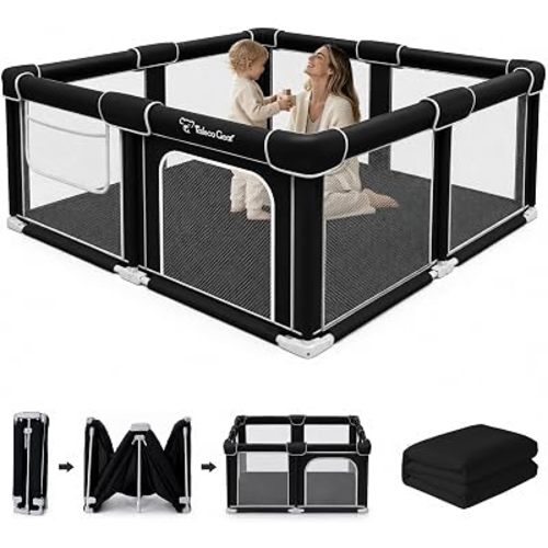Foldable Playpen for Babies and Toddlers, 50"x50" Portable Play Yard with Mat, Kids Collapsible Play Pen with Sturdy Metal Frame & Mesh Walls, Indoor & Outdoor Baby Fence Play Area (Black, 50"x50")