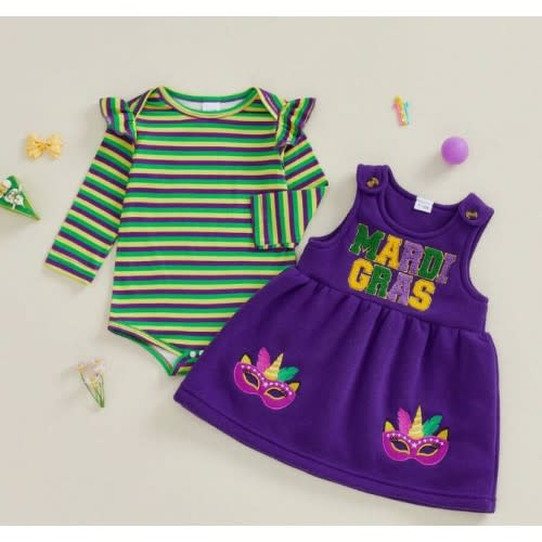 My First Mardi Gras Newborn Baby Girl Outfit Ruffle Long Sleeve Striped Romper Embroidery Suspender Dress Set Cute Carnival Clothes | SHEIN USA