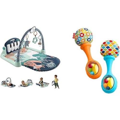 FISHER-PRICE BABY Playmat Kick & Play Piano Gym with Musical and Sensory Toys for Newborn to Toddler, Navy Fawn & Newborn Toys Rattle 'n Rock Maracas, Set of 2 Soft Musical Instruments