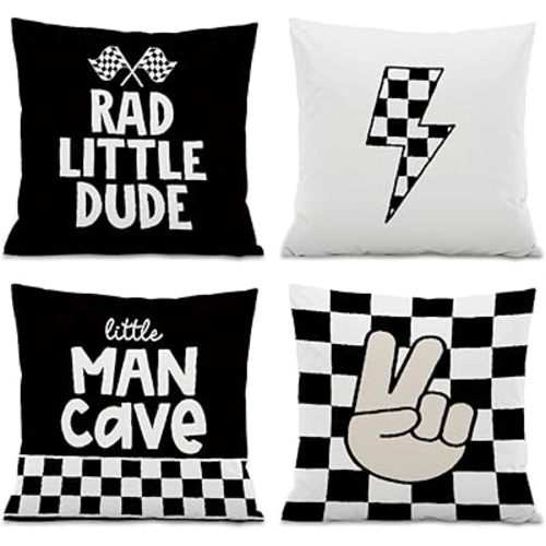 Rad Little Dude Throw Pillow Covers,Retro Preppy Buffalo Plaid Peace Decorate Pillow Covers for Boy Teen Room Dorm,Teen Boys Gifts 18x18 Inch Pillowcase Set of 4
