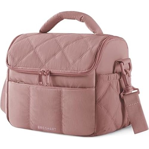 BAGSMART Insulated Lunch Bags for Women, Cute Quilted Lunch Box, Lightweight Puffy Padded Waterproof Lunch Tote, Reusable Lunch Cooler for Work Picnic Travel, Dark Pink