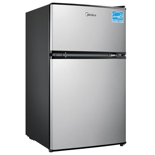 Midea WHD-113FSS1 Double Door Mini Fridge with Freezer for Bedroom Office or Dorm with Adjustable Remove Glass Shelves Compact Refrigerator, 3.1 cu ft, Stainless Steel
