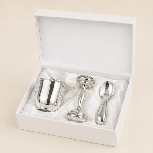Krysaliis Silver Plate Beaded 3 Piece Baby Gift Set