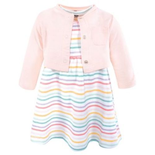 Hudson Baby Girls Cotton Dress and Cardigan Set, Happy Stripe