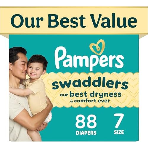 Pampers Swaddlers Diapers, Size 7 (26-50 lbs), 88 Count, Absorbent, Keeps Baby Dry and Comfortable, Skin Safe Disposable Baby Diaper (Packaging May Vary)