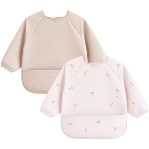 Bearmoss 2 Pack Long Sleeve Baby Bibs, Waterproof Smock Bibs for Eating