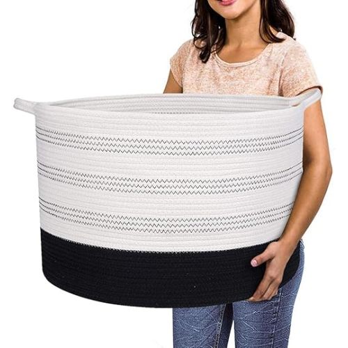 R RUNKA XXXLarge Cotton Rope Basket 22" X 22"X 14" Blanket Basket for Living Room Woven Basket Soft Baby Laundry Blanket Basket Nursery Bin Toy Basket with Handle White+Black