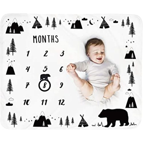 Baby Monthly Milestone Blanket Boy - Bear Newborn Month Blanket Unisex Neutral Personalized Shower Gift Woodland Nursery Decor Photography Background Prop with Frame Large 51''x40''
